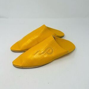 Unisex Moroccan Hand Tooled Leather Slippers Pointed Flats Yellow Size 42 EU